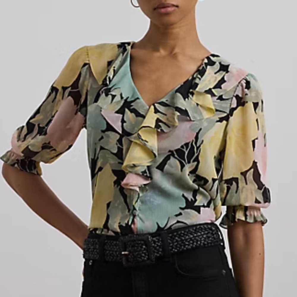 NWT Women Lauren RALPH LAUREN Floral Georgette Ruffle-Trim light Blouse Spring